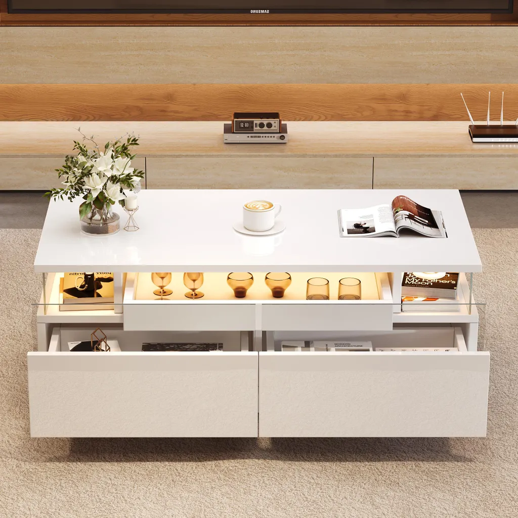 Table Basse LED Blanche : Solution Rangement et Éclairage pour Petit Salon - 2