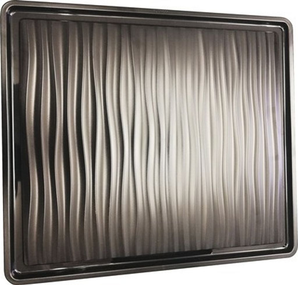 A close-up, angled view of a black and gray textured drip tray.