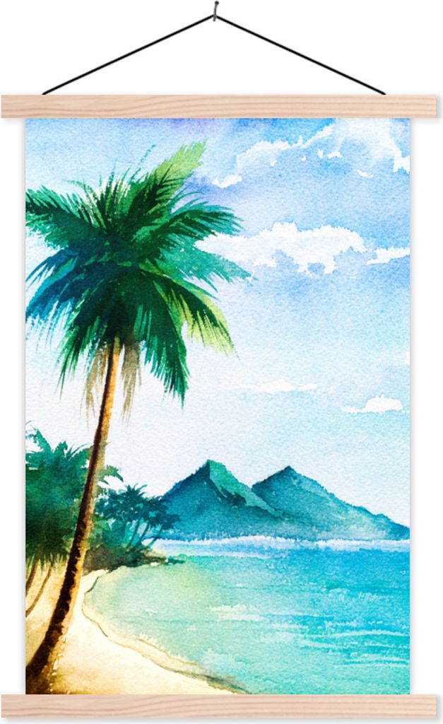 MuchoWow Textilposter Strand - Palme - Berg 40x60 cm mit holzfarbenen Rahmen - Poster