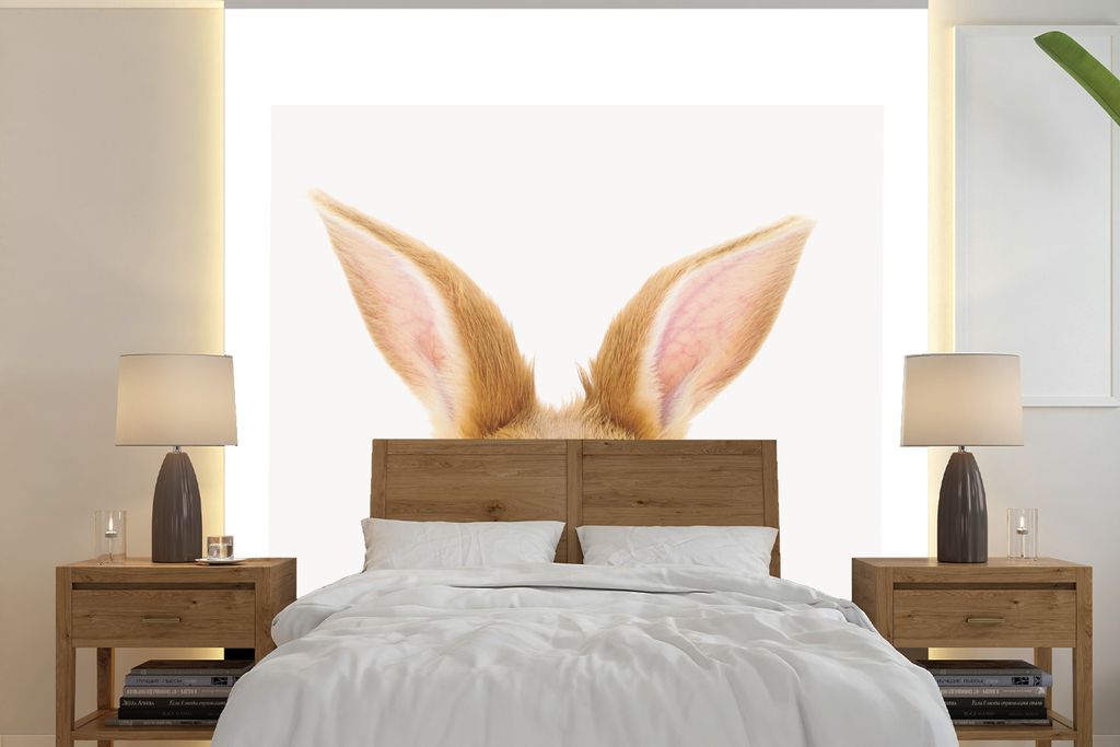 MuchoWow Fototapete für Wohnzimmer oder Schlafzimmer Wandtapete Vinyl Motivtapete Tiere - Kaninchen - Weiß - 300x300 cm - Wanddekoration