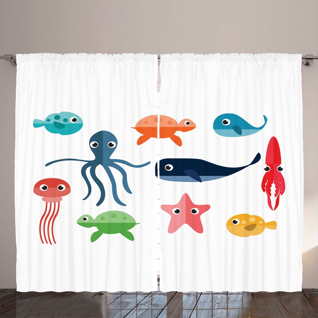 ABAKUHAUS Unterwasser- Rustikaler Vorhang, Bunte Meerestiere Fun, Wohnzimmer Universalband Gardinen mit Schlaufen und Haken, 280 x 225 cm, Mehrfarbig