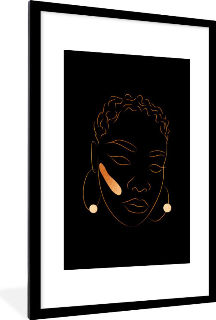 MuchoWow Gerahmtes Poster Frau - Schwarz - Gold - Strichzeichnung 60x90 cm - Poster mit Schwarzem Bilderrahmen Wandposter Rahmen Foto Bilder - De...