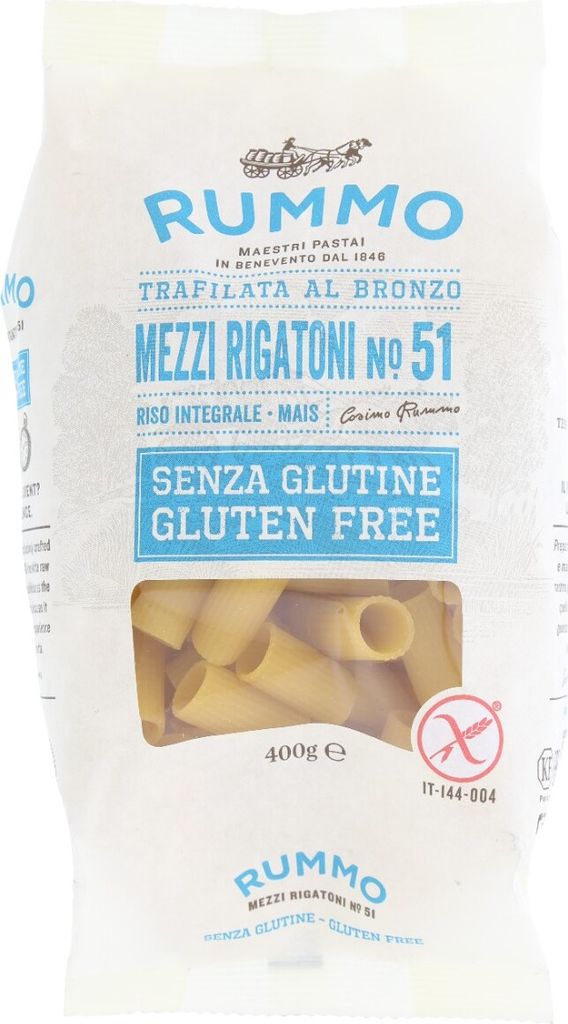 A bag of Rummo Mezzi Rigatoni No. 51 gluten-free pasta.