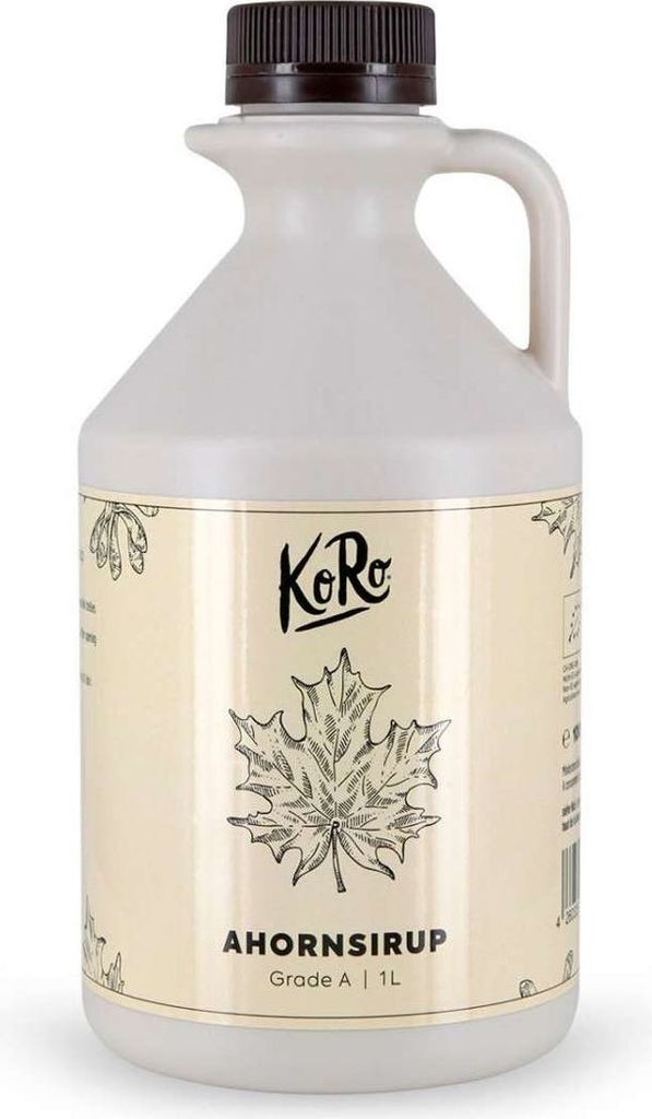 A bottle of maple syrup with a label.