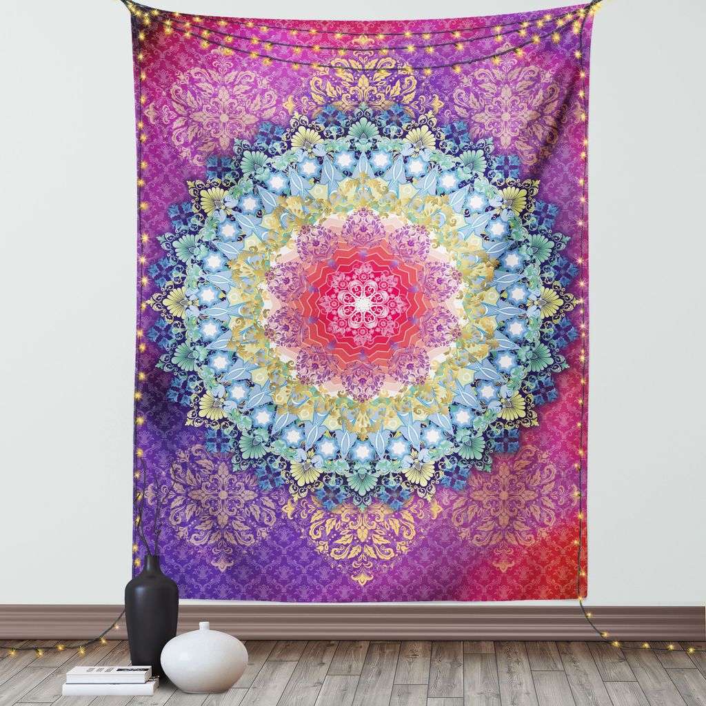 ABAKUHAUS Mandala Wandteppich, Anordnung mit Geometrischer Zickzack-Form und blühenden Blumen Bohemian Oriental, Wohnzimmer Schlafzimmer Seidiger ...