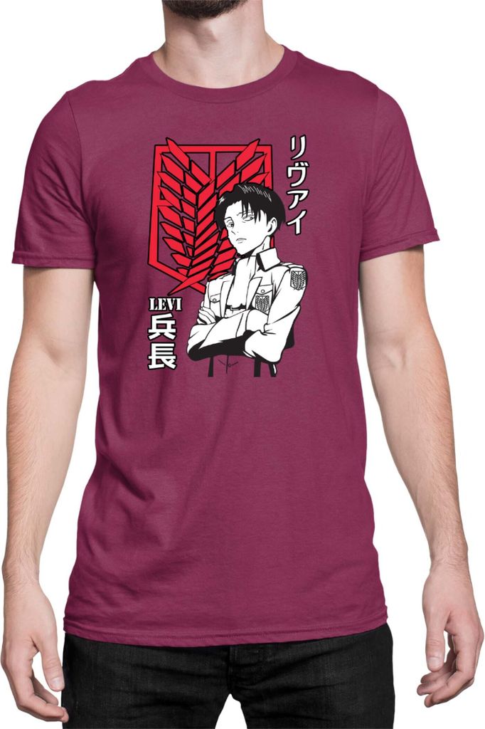 Herren T-Shirt Japan Anime Manga Attack Anime On Titan Levi Ackerman 06 Ackerman Picture Pose, Man L / Burgundy
