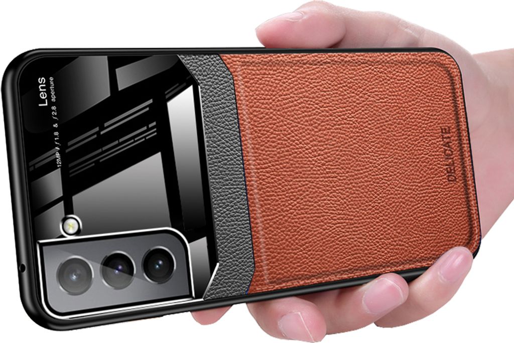 Galaxy S22+ 5G Hülle, TPU Stossfest Anti-rutsch Leder Glas Len Hybrid Schutzhülle für Samsung Galaxy S22 Plus 5G Braun