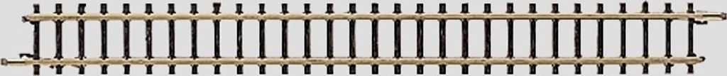 A straight section of model train track.