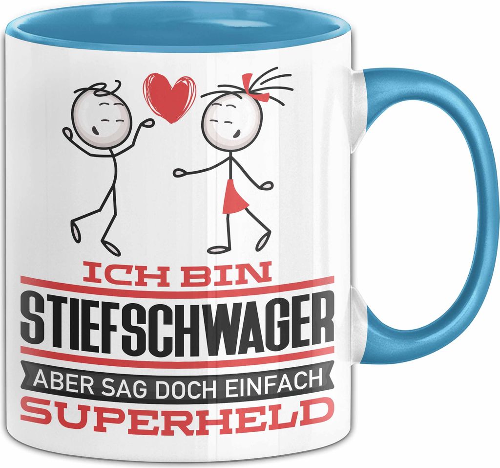 Stiefschwager Geschenk Tasse Ich Bin Stiefschwager Aber Sag Doch Einfach Superheld Lustige Geschenkdiee für Stiefschwager Kaffee-Becher (Blau)