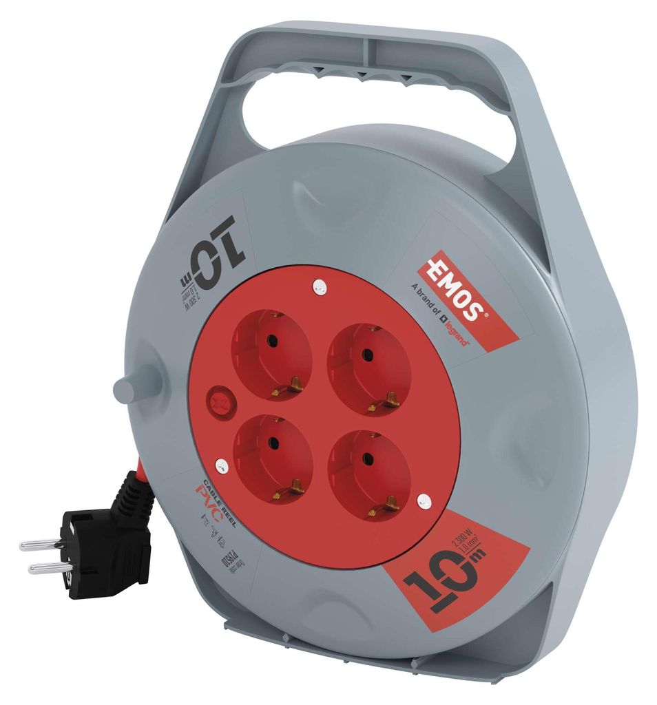 EMOS Mini-Kabeltrommel 10m, 4-fach Kabelbox, Kabelrolle, Leitungsroller für den Innenbereich, 4 Schuko Steckdosen, 2300W, Thermoschalter, P19510