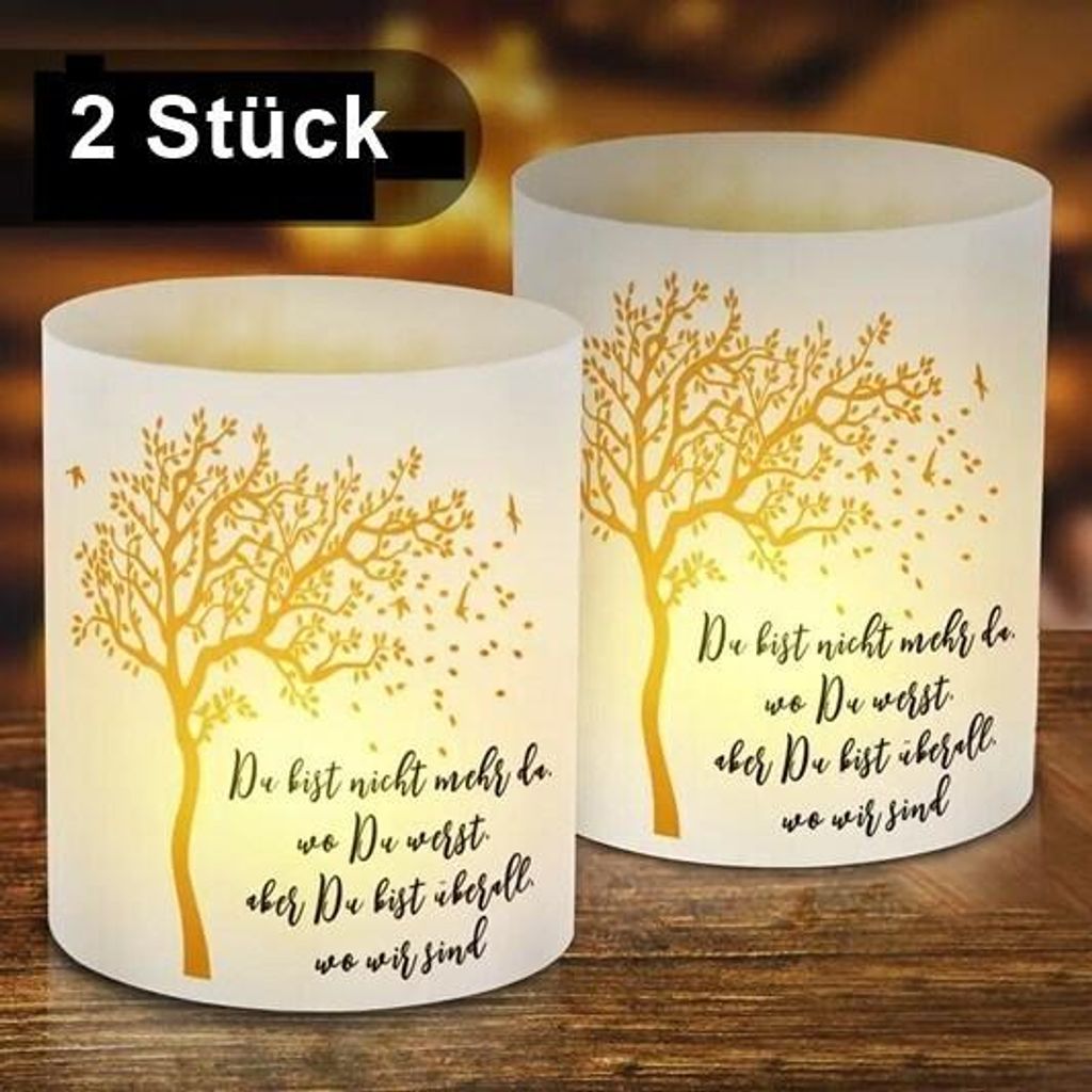2 Stück Windlicht für Grablicht Lampenschirm Grabkerze Trauer mit Spruch und Lebensbaum Kerzenhül