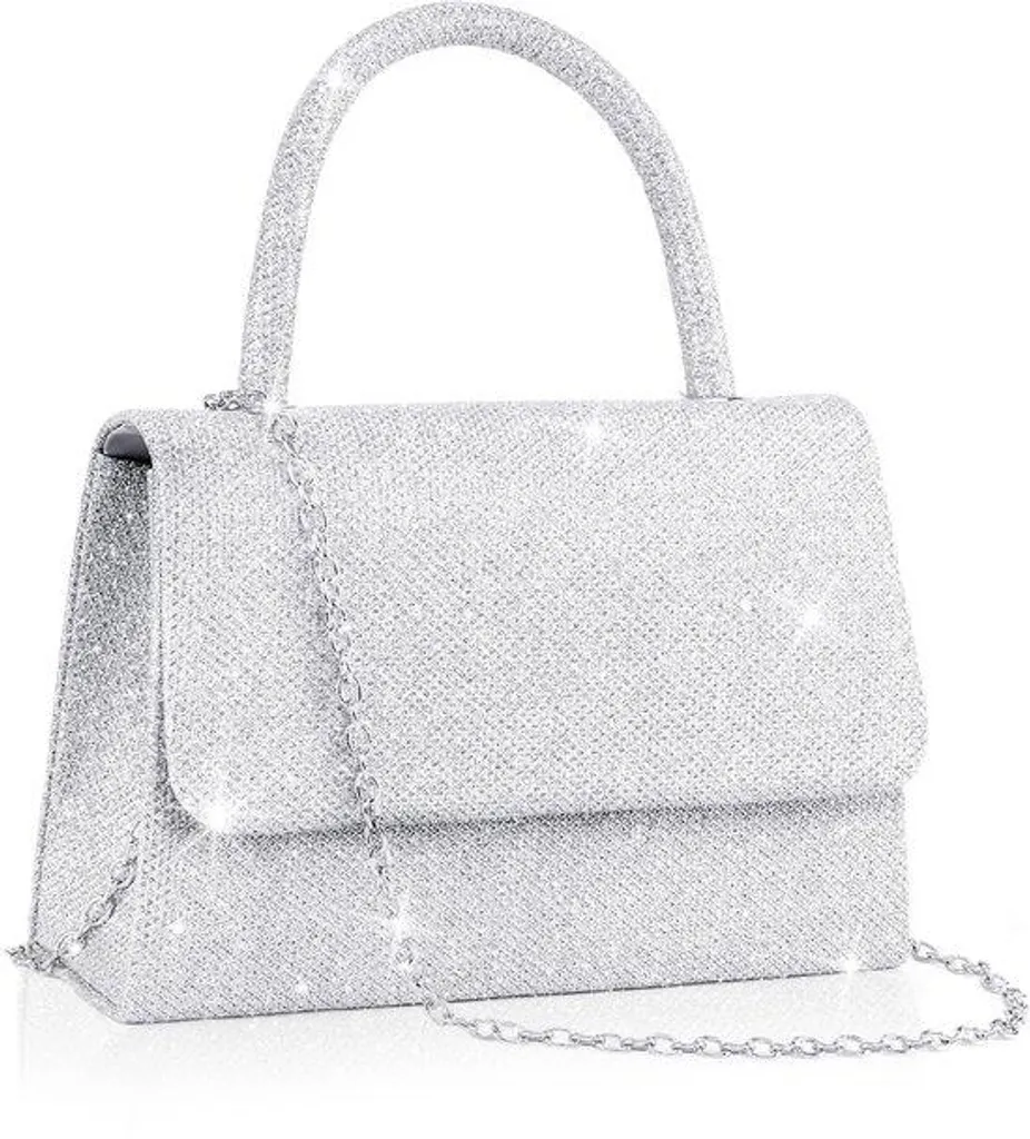 Petit sac pochette pour mariage et gala argenté pailleté avec sa chaîne
