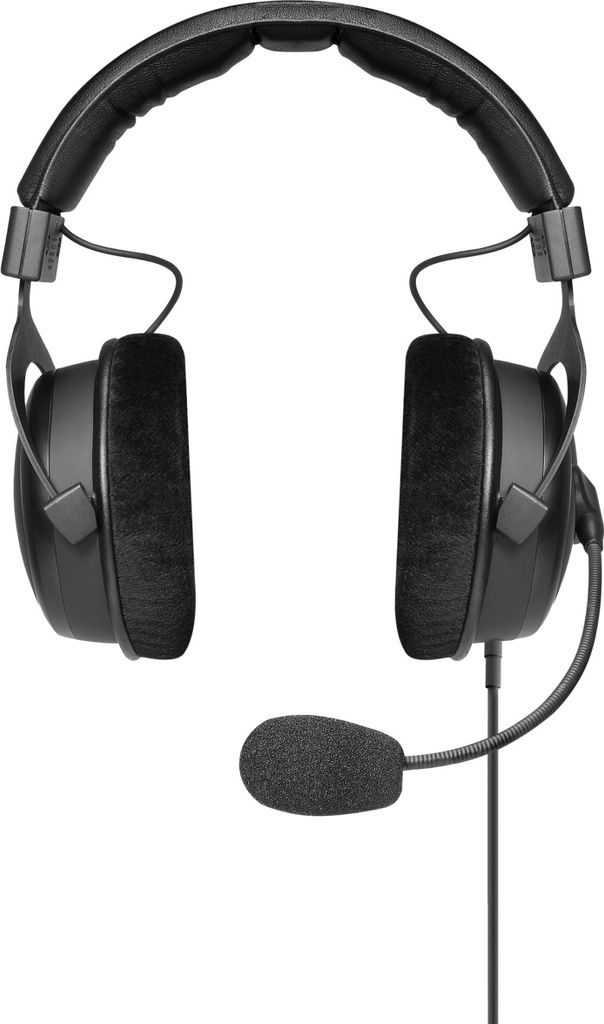 A pair of black gaming headphones with a microphone is shown against a white background.