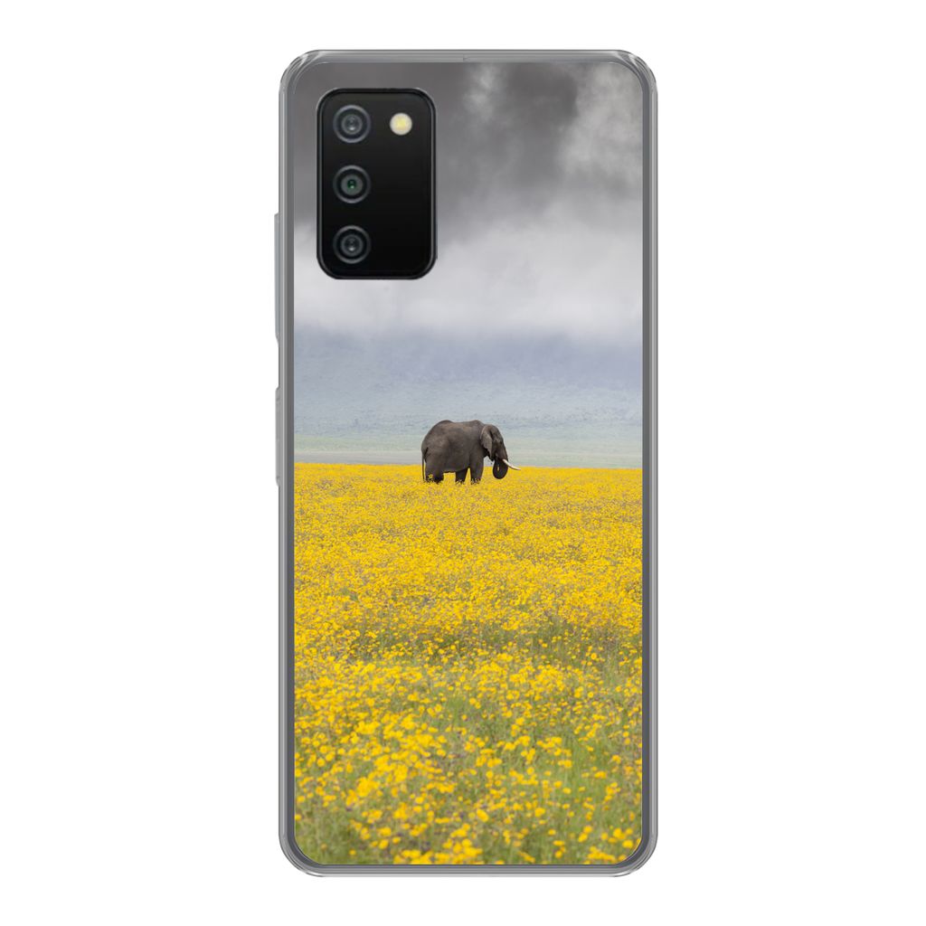 MuchoWow Handyhülle Schutzhülle Hülle für Samsung Galaxy A03s Elefant - Blumen - Natur - Gelb - Tiere Silikon Softcase Handy Hülle - Schutz