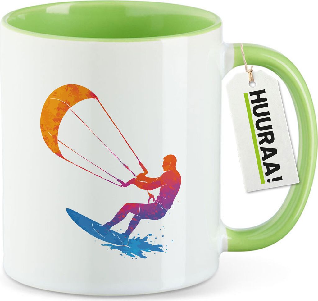 Huuraa Kaffeetasse Kitesurfen bunte Silhouette 330ml Grün Keramik Kaffeebecher Geschenkidee