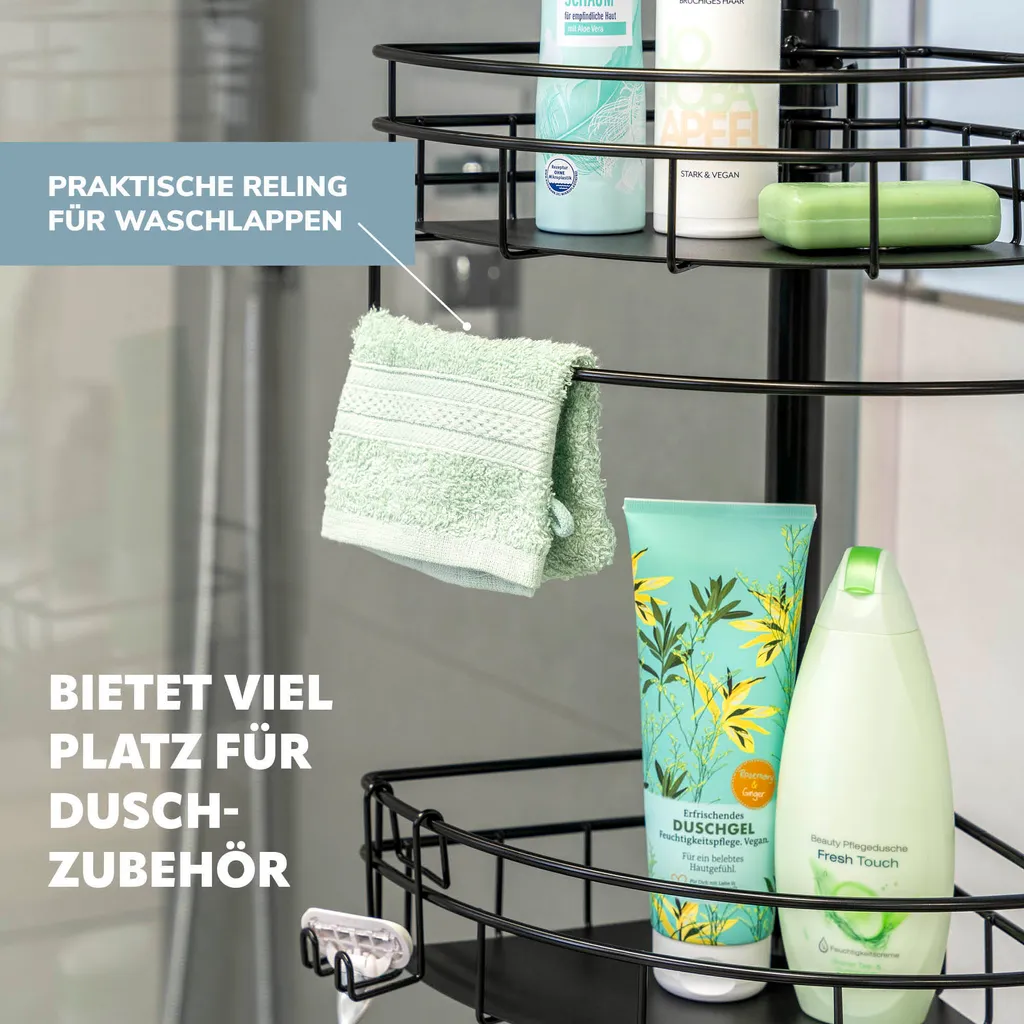 Rangement de douche télescopique pour angle, étagère noire sans perçage - 6