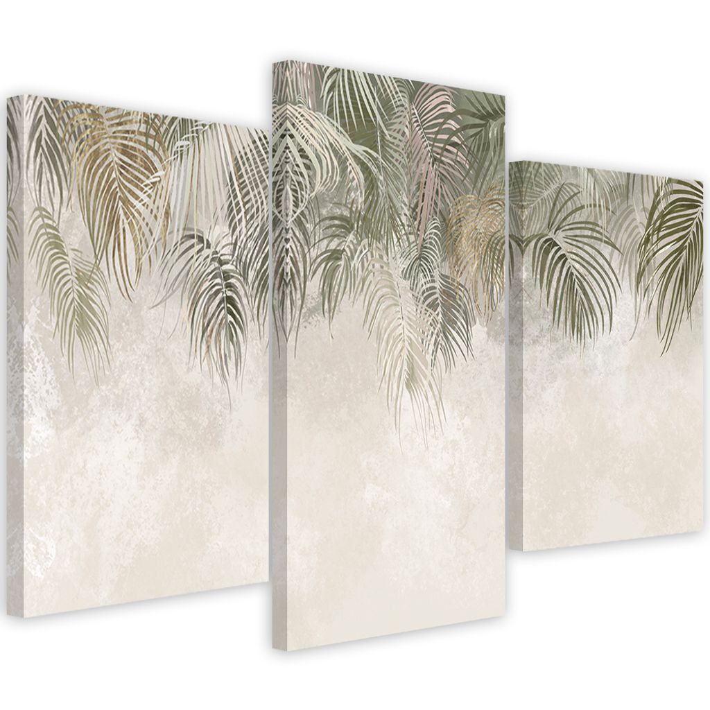 Triptychon auf leinwand palmenblätter 150x100 cm Feeby braun wandbild bereit zum aufhängen