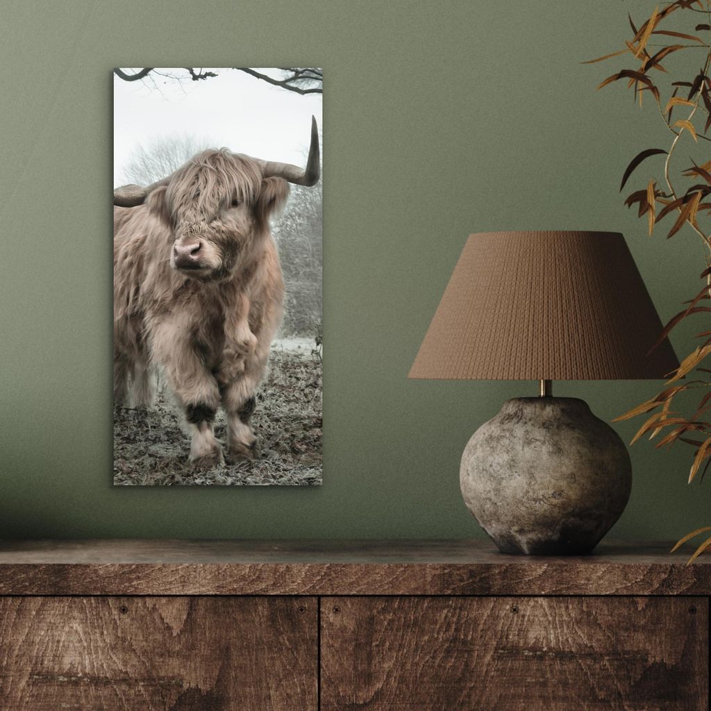 MuchoWow Wanddekoration Metall Metallbild Wandkunst 20x40 cm Schottisches Hochlandrind - Wald - Nebel - Kuh - Tiere - Natur MuchoWow Aluminium Gem...