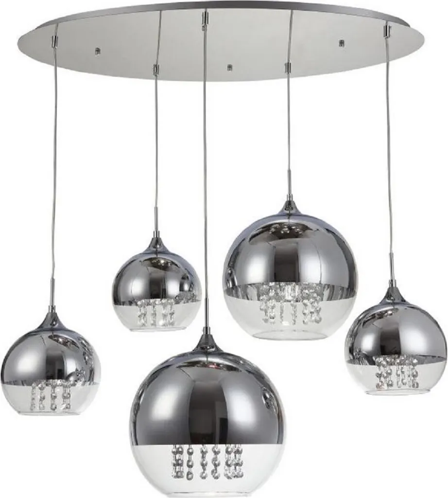 Suspension Design Argent 95 cm avec Abat-jour Rond et Cristal Véritable