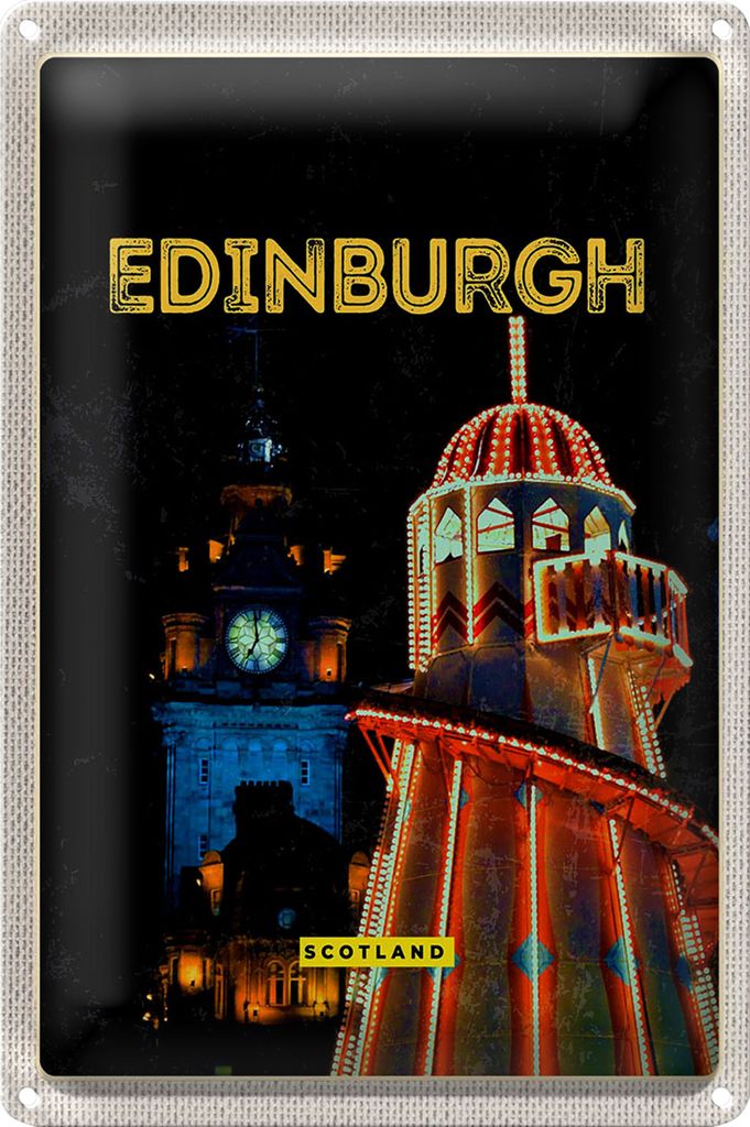 Blechschild Reise 20x30cm Edinburgh Scotland Nacht Lichter