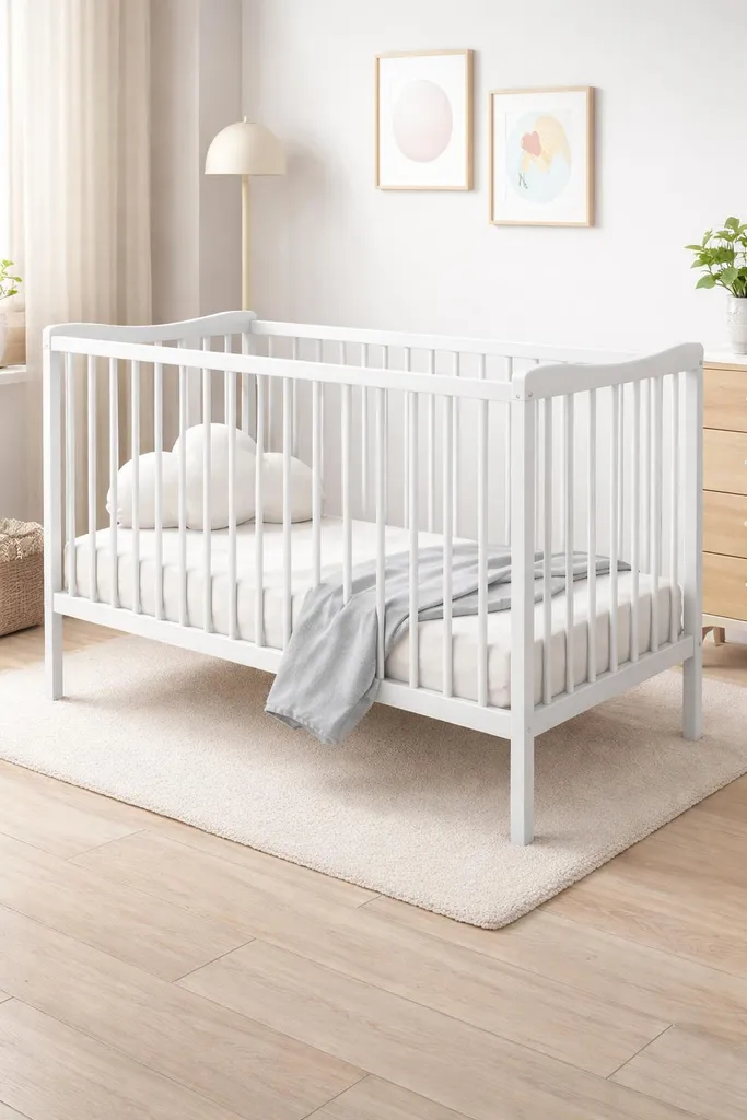 Lit bébé GREG 120x60 cm en hêtre blanc réglable avec barreaux amovibles