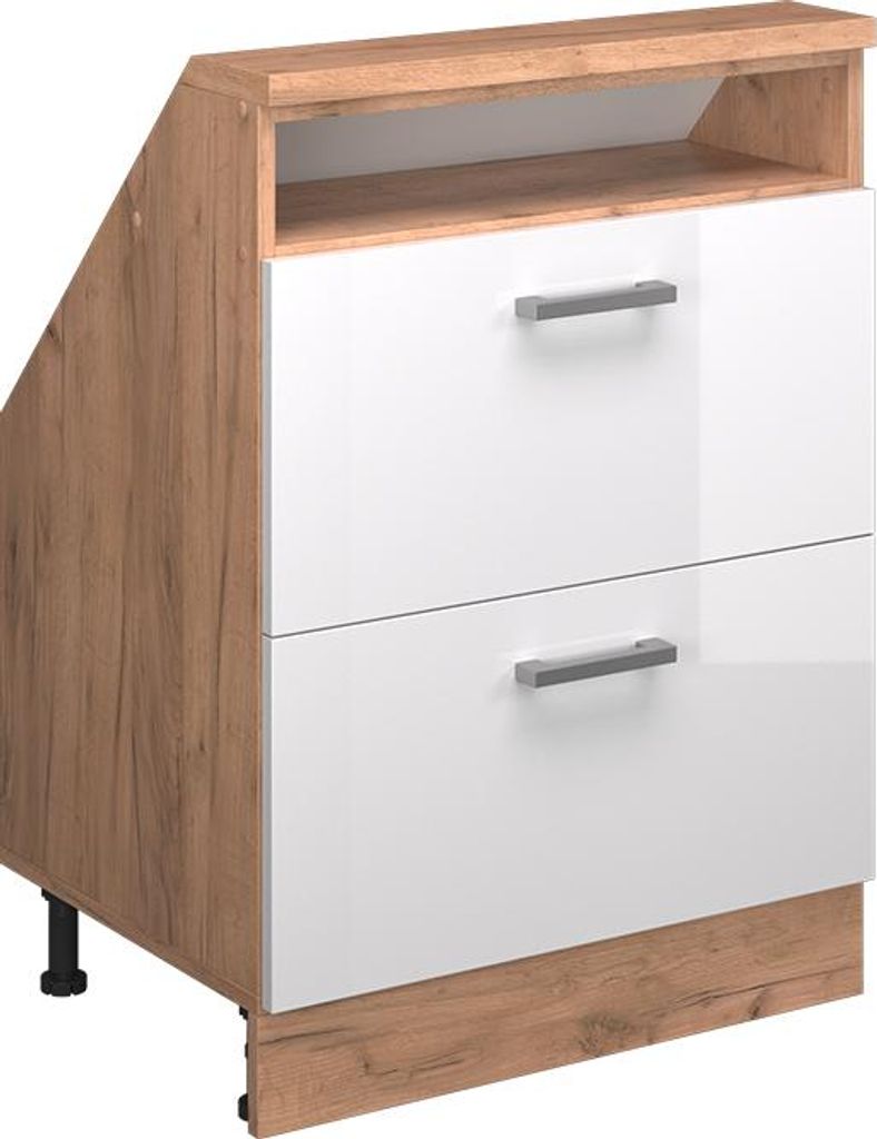 A white and wood-grain cabinet with two drawers.