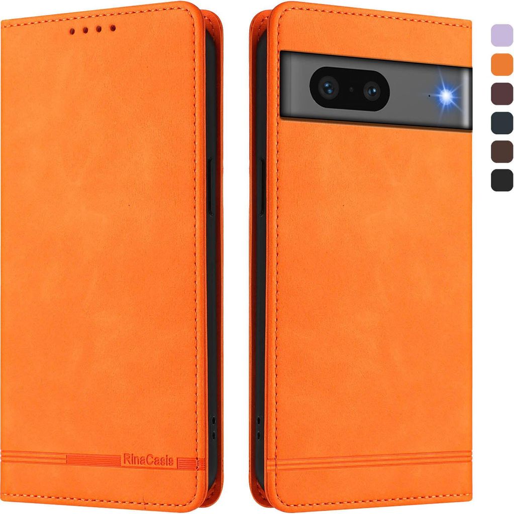 Hülle für Google Pixel 7, Retro Kunstleder Ständer Klapphülle mit Kartenfächer und Magnetische Orange