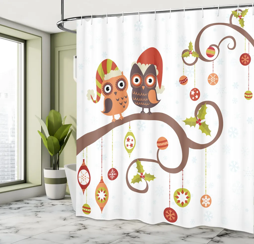 ABAKUHAUS Tenda Doccia Natalizia 175x240 cm con Gufi e Rami Festivi - 3