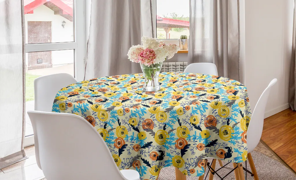 ABAKUHAUS Tovaglia rotonda con motivi floreali, fiori ed elementi correlati, tovaglia circolare per sala da pranzo, decorazione cucina, 150 cm, color crema e multicolore