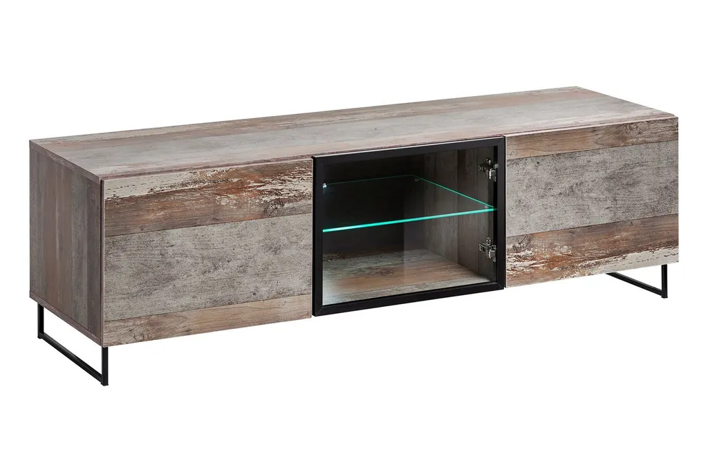Table TV PERCHE Meuble Téléviseur Design Scandinave Bois et Métal Noir