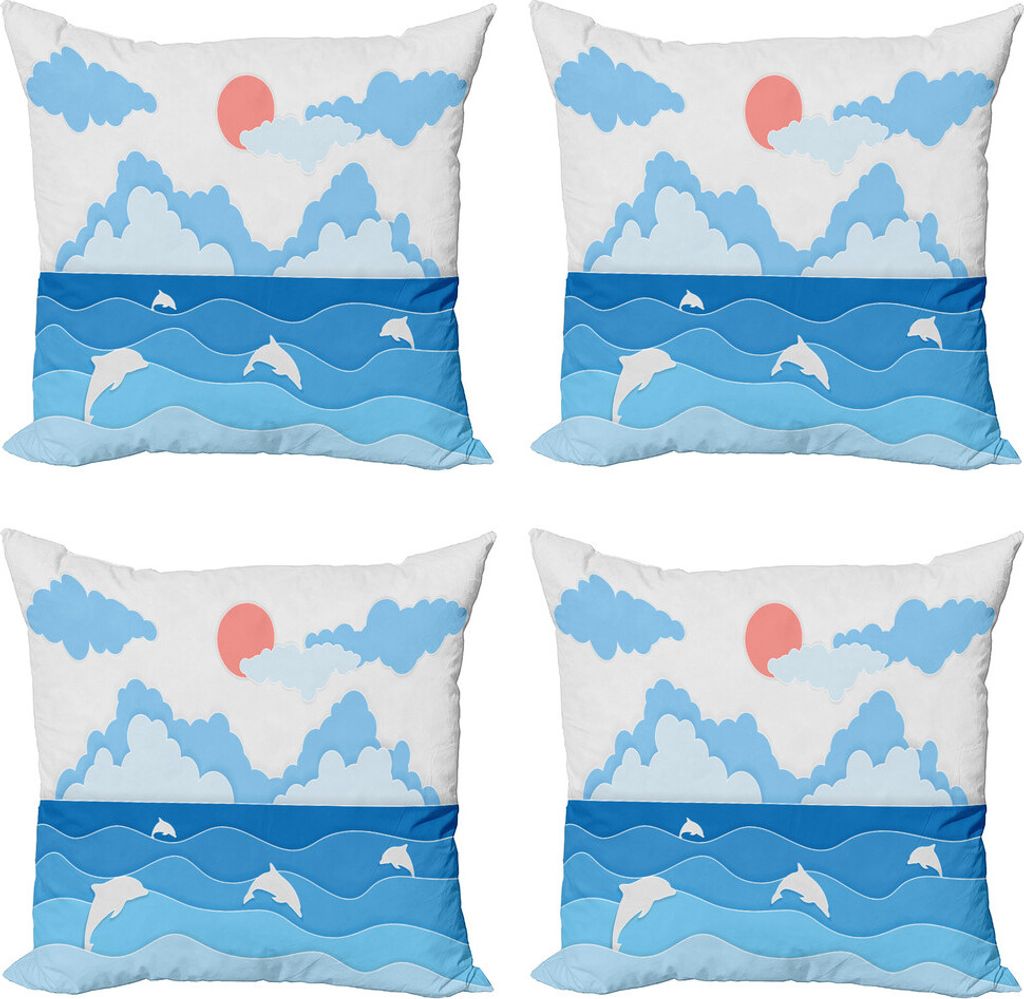 ABAKUHAUS Grafik-Strand Kissenbezug Set (4 Stück), Seascape Art Dolphins, Moderner Doppelseitiger Digitaldruck, 40 cm x 40 cm, Mehrfarbig