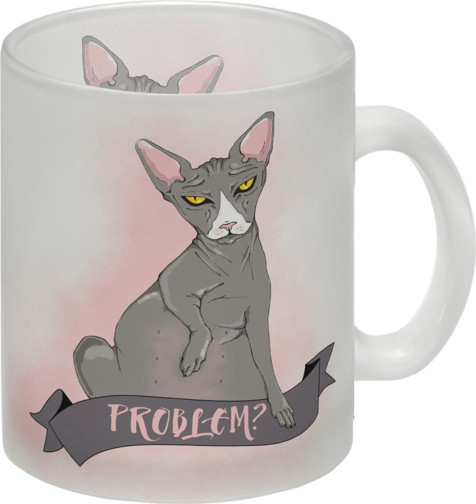 Glas Tasse mit böse schauender Nacktkatze und Spruch Psycho/Problem?