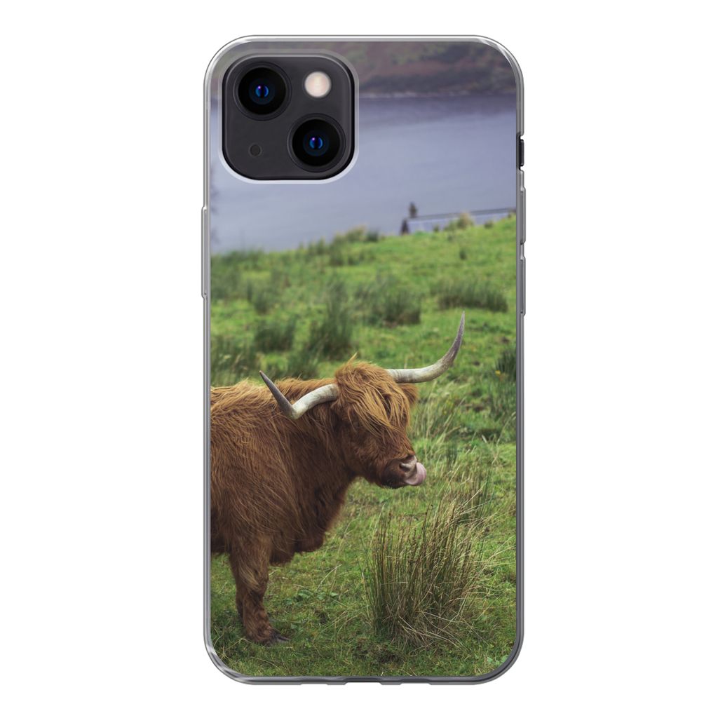 MuchoWow Handyhülle Schutzhülle Hülle für iPhone 13 mini Schottische Highlander - Gras - Wasser - Tiere Silikon Softcase Handy Hülle - Softcase