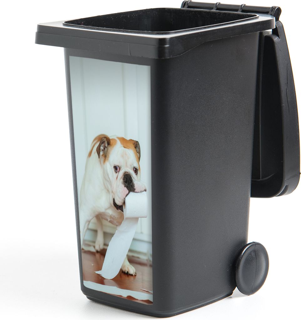 MuchoWow Mülltonnenaufkleber Hund spielt mit Toilettenpapier 38x80 cm - Behälteraufkleber - Mülleimer-Aufkleber - Container-Aufkleber