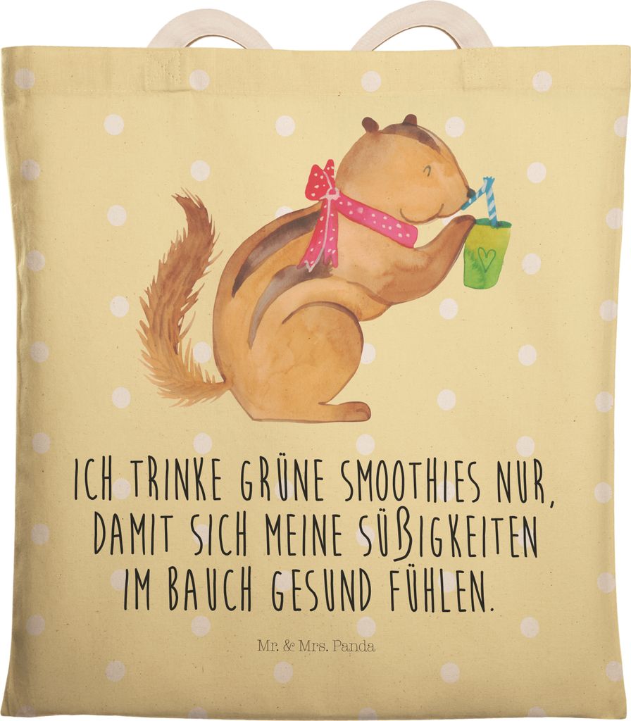 Mr. & Mrs. Panda Tote Bag Eichhörnchen Smoothie - Gelb Pastell - Geschenk, Einkaufstasche, shopping, Green Smoothies, Streifenhörnchen, Beutel, B...