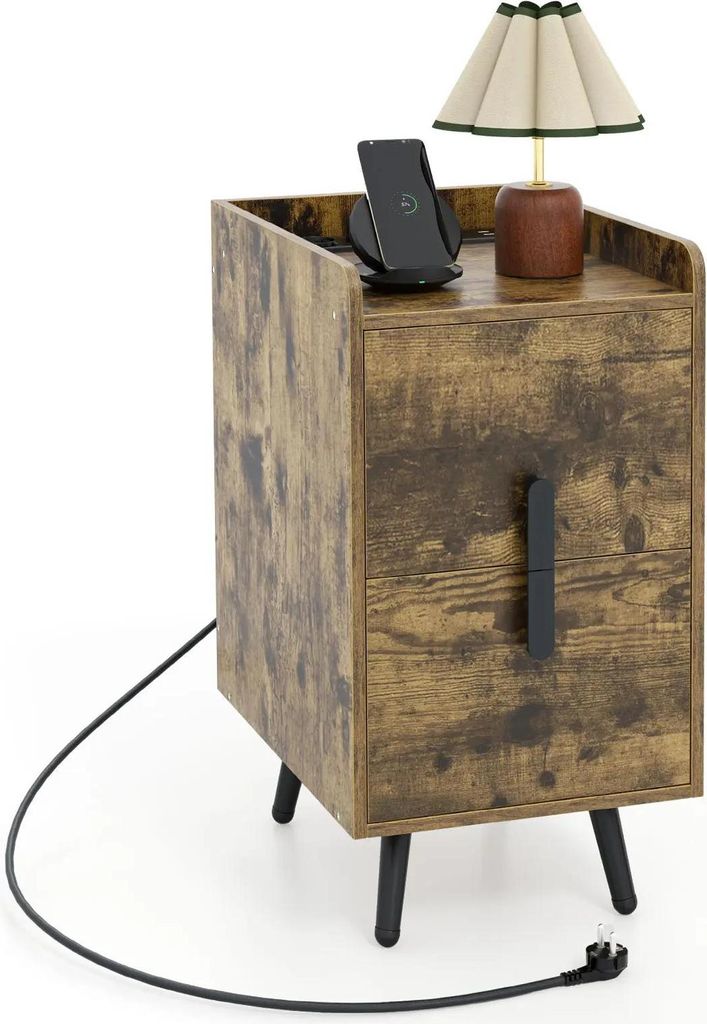 Nachttisch - Beistelltisch - Ladestation & USB-Ports - 2 Schubladen - Schmal - Metallbeine - Holz - Moderner Marokkanischer Stil - Braun