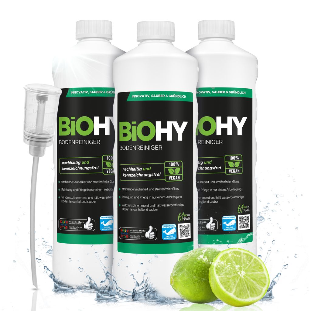 BiOHY Bodenreiniger (3x1l Flasche) + Dosierer | Konzentrat für alle Reinigungsgeräte und alle Hartböden | Angenehmer Geruch und streifenfreie Re...