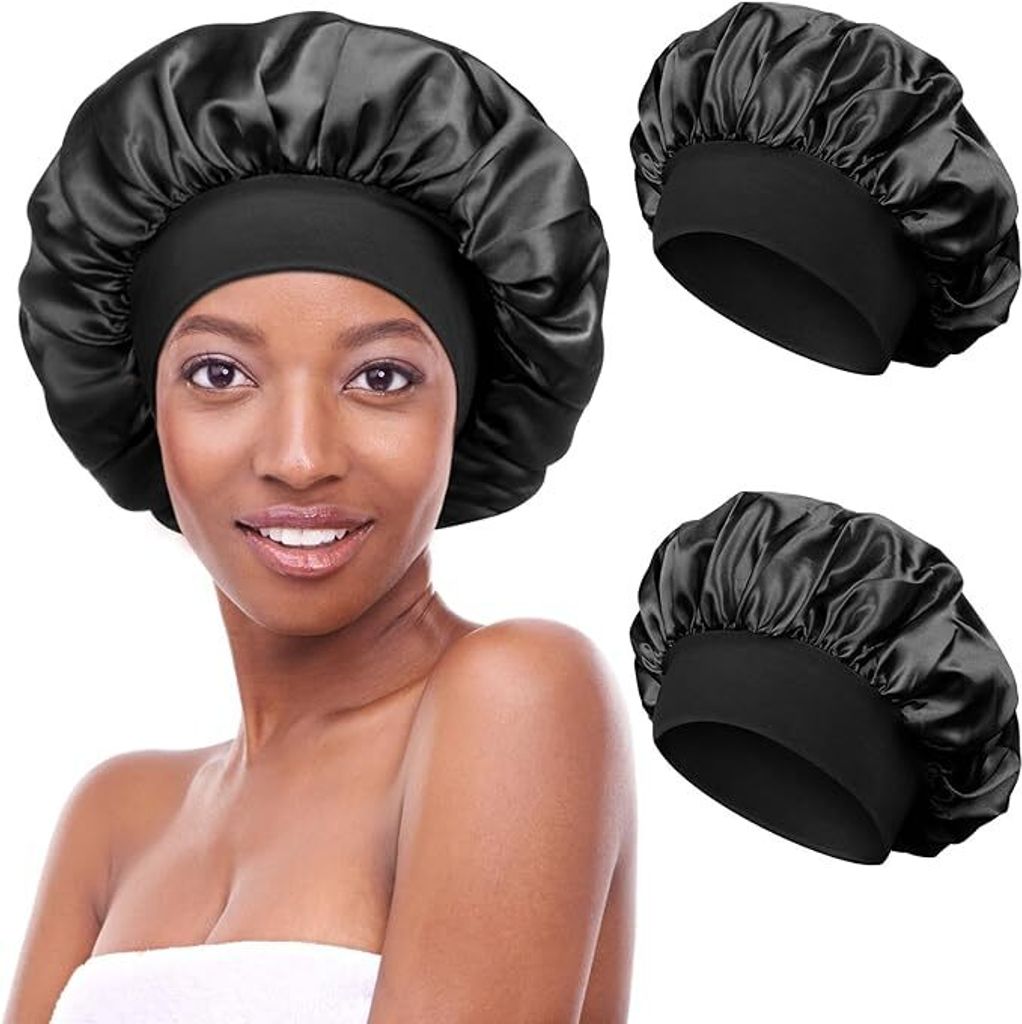 2 Stück Schlafmütze Satin Bonnet Nacht Schlaf Mütze Verstellbare Schlafkappe Kopfbedeckung Weiche Kopfhaube Schlafhaube Seide mit Gummizug für ...