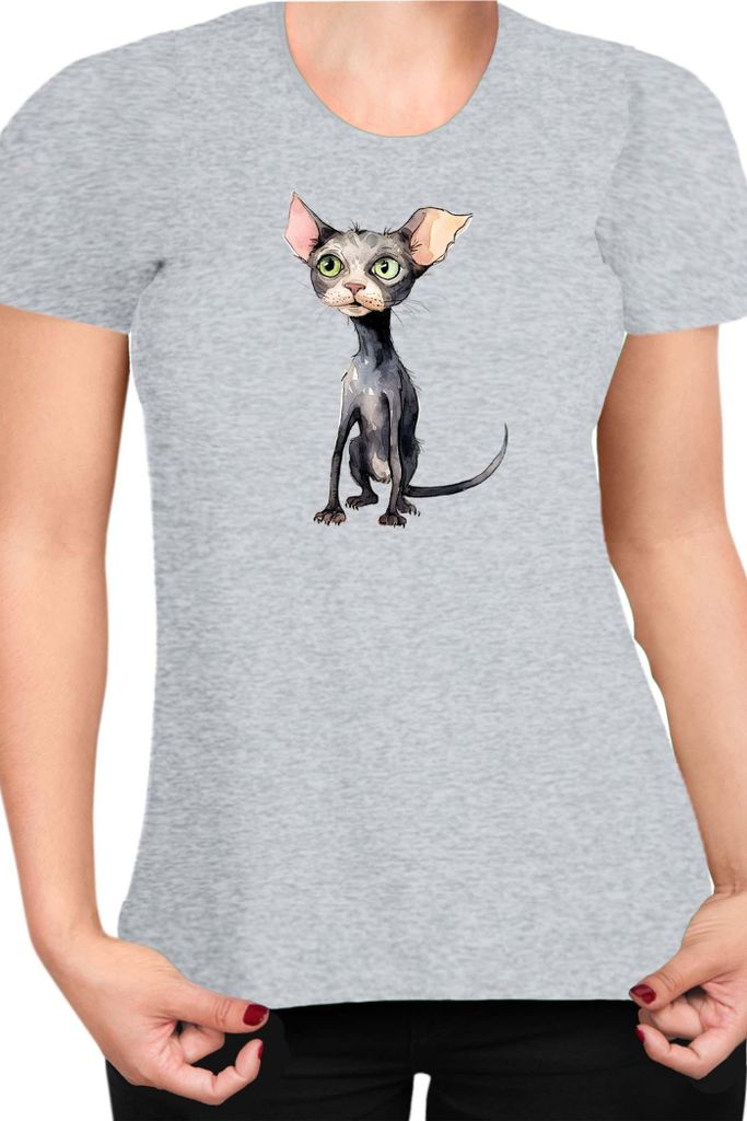 Damen T-Shirt Funny Cats Breeds Bambino Cat 011, Lady L / Grau