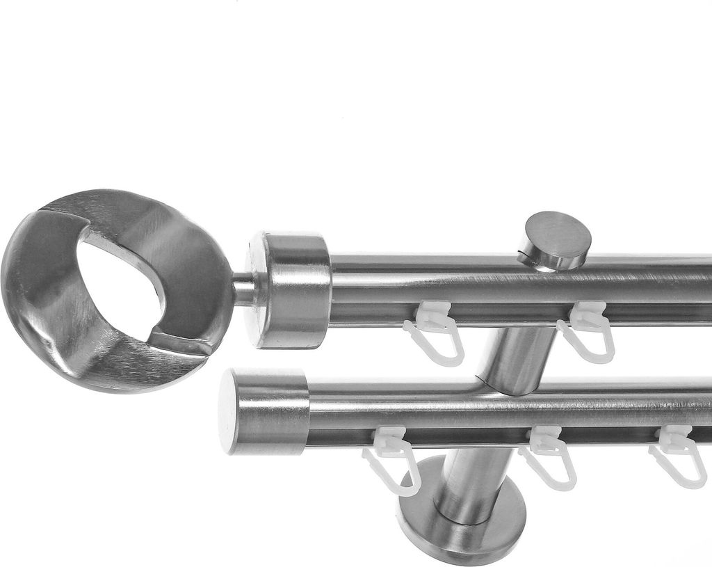 Innenlauf Gardinenstange Edelstahl Look 20mm Wandträger 2-läufig Zylinder Ring, Länge wählbar H40 E83E30