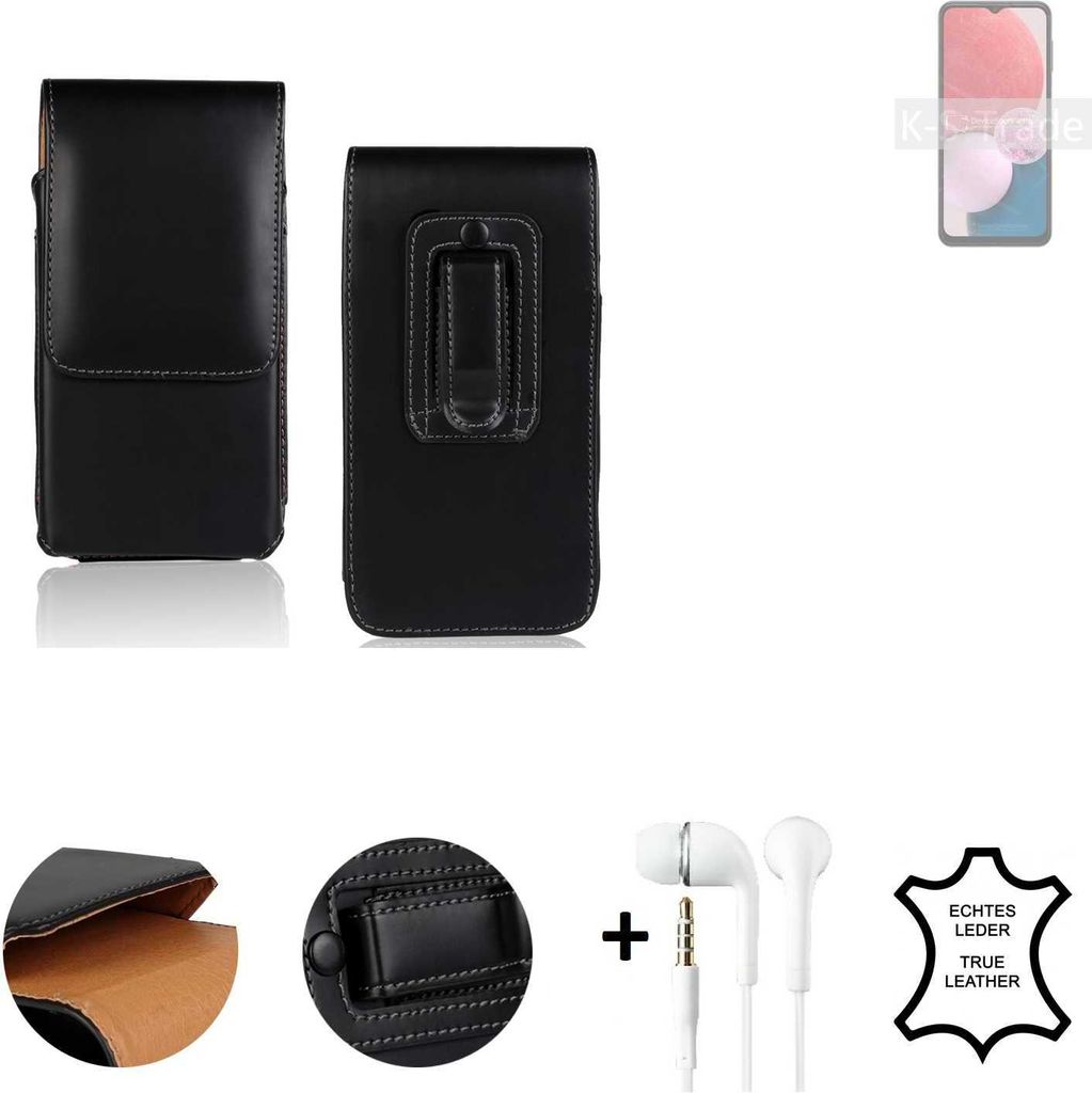 K-S-Trade Leder Gürteltasche + Kopfhörer kompatibel mit Samsung Galaxy A13 Seitentasche Belt pouch Holster Handyhülle Schutz Hülle Etui schwarz 1x
