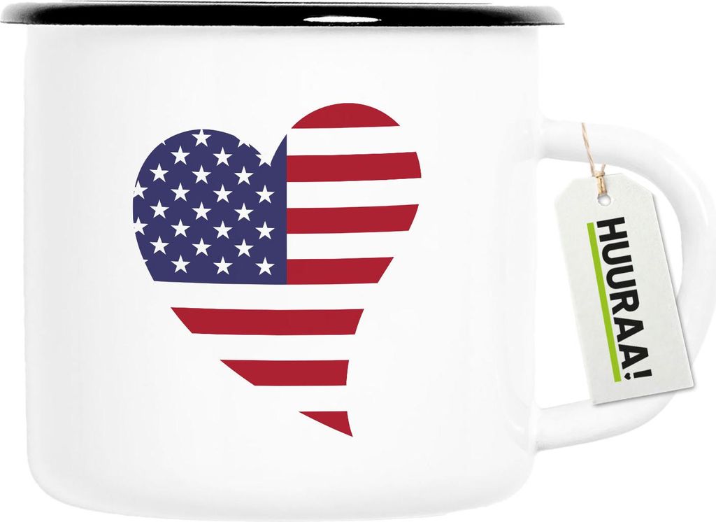 Huuraa Emaille Tasse USA Flagge Herz 300ml Vintage Campingbecher Geschenkidee