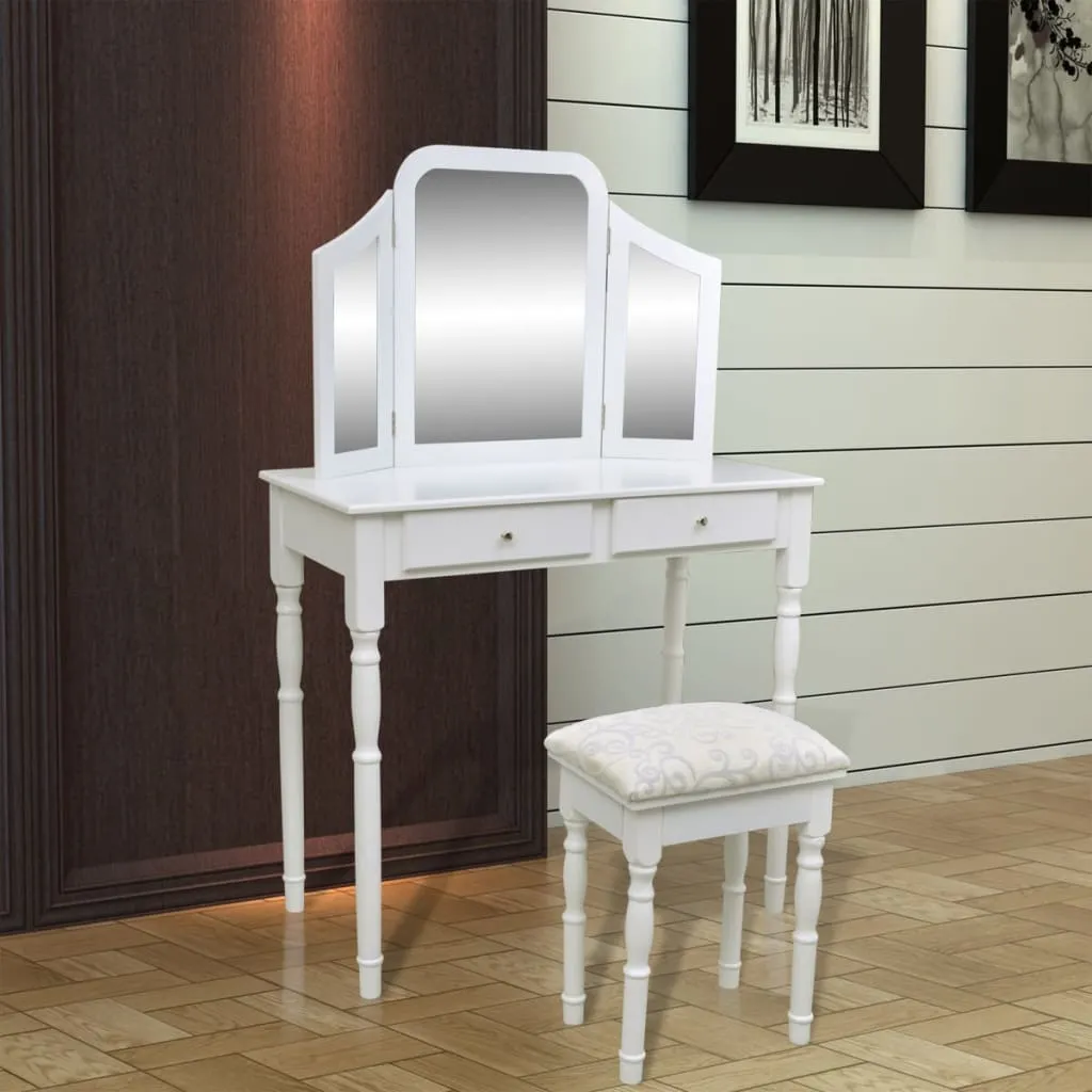Coiffeuse Miroir 3 volets et 2 Tiroirs de Rangement avec Tabouret - 9