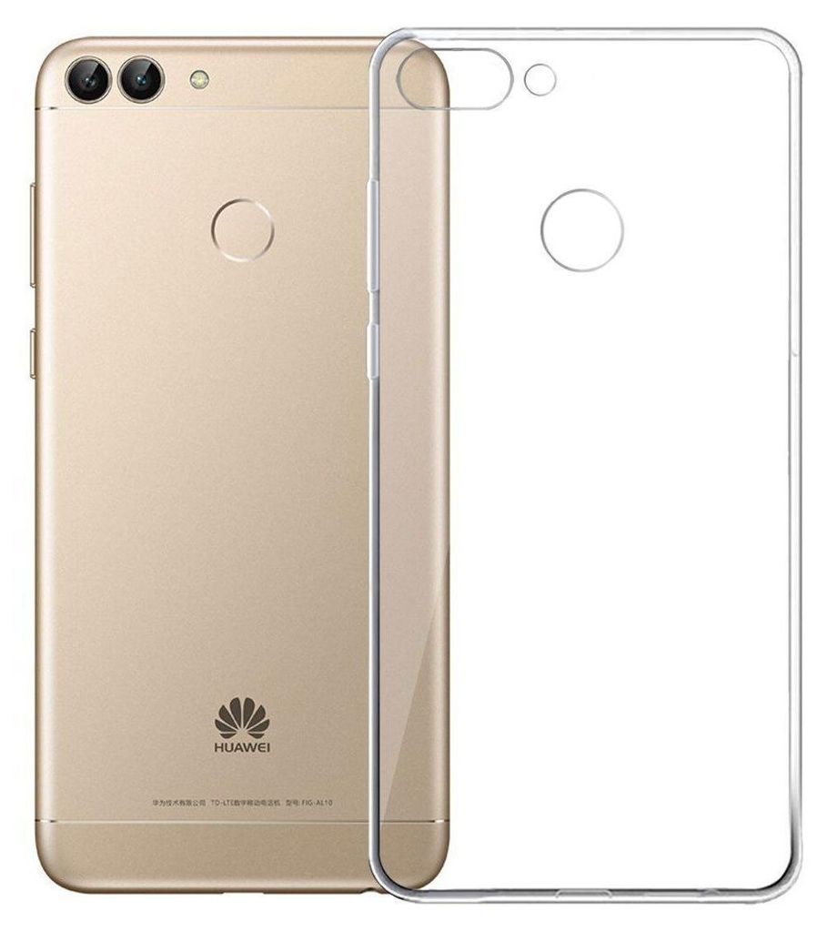 A gold Huawei smartphone is shown next to a transparent phone case.