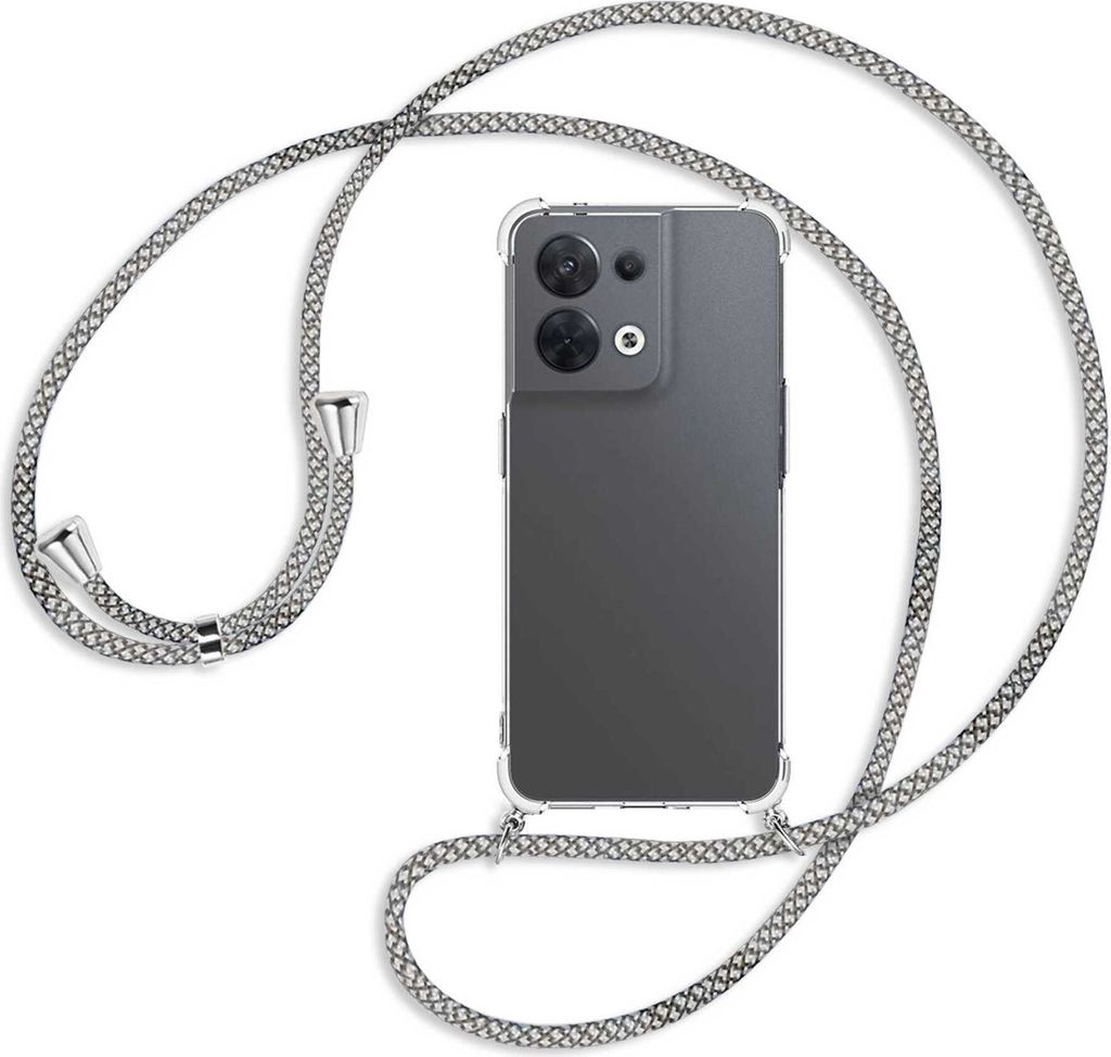 Handykette Backcover-Schutzhülle mit Band (Metall silberfarben) für Oppo Reno8 5G (CPH2359, 6.4'') - weiß/grau kariert