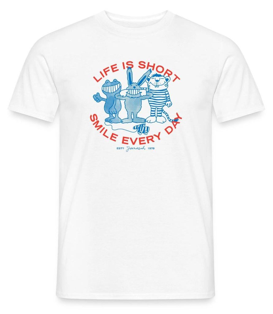 Spreadshirt Janosch Charaktere Life Is Short Smile Every Day Männer T-Shirt, XXL, Weiß