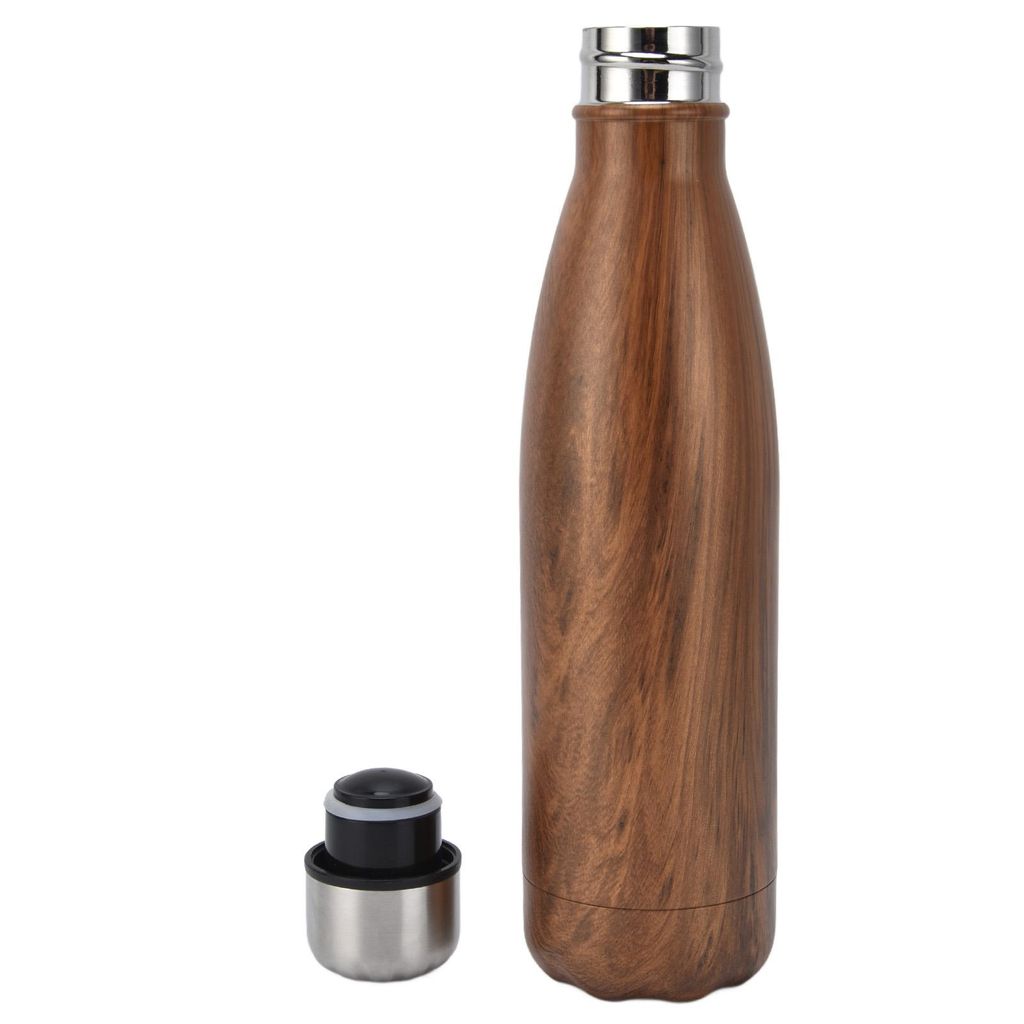 Thermoskanne in Colaform, Edelstahl-Wasserflasche für Schule, Outdoor-Sport, Camping, Wandern, Reisen, Holzmaserung