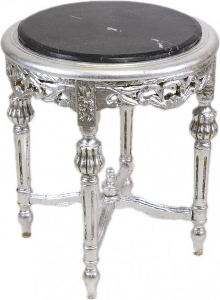 Casa Padrino Barock Beistelltisch mit schwarzer Marmorplatte Rund Silber 50 x 45 cm Antik Stil - Telefon Blumen Tisch