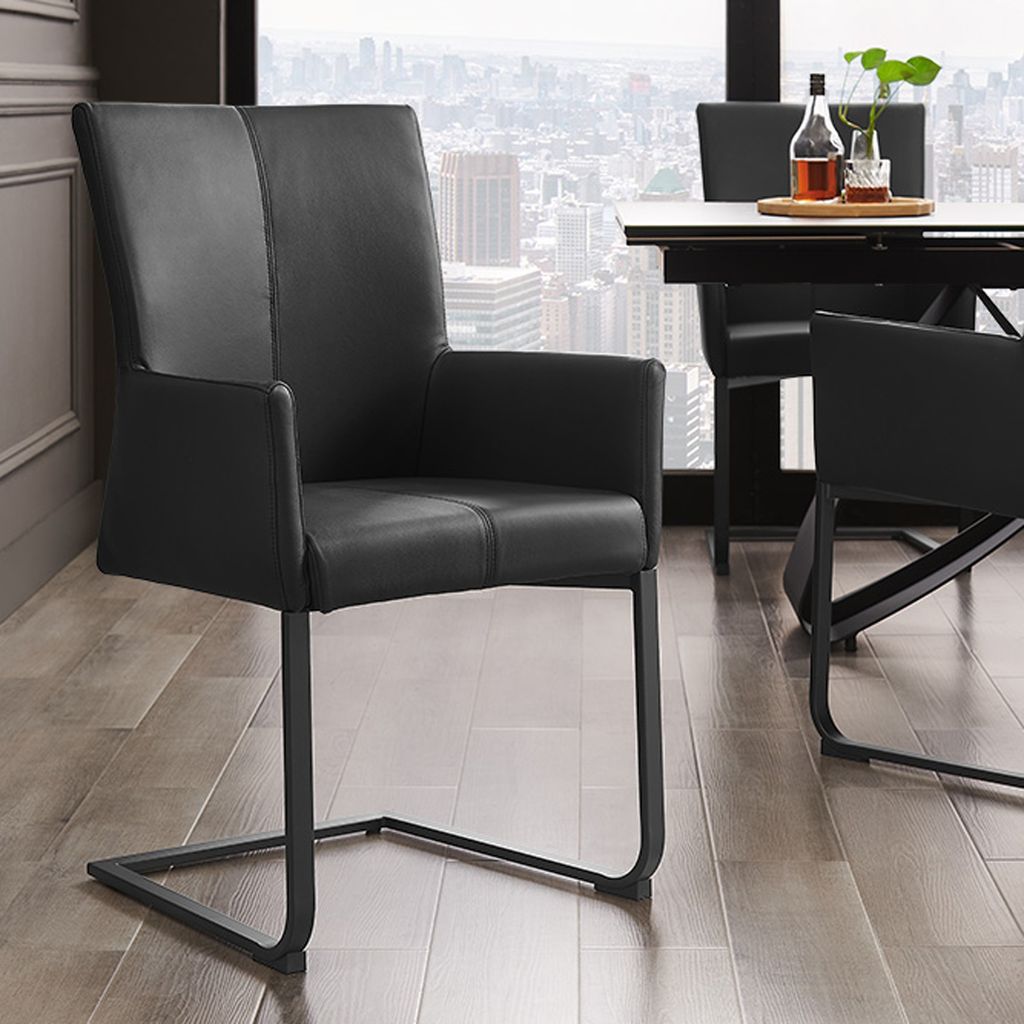 riess-ambiente Moderner Freischwinger SAMSON schwarz Echtleder mit Armlehne und Metallrahmen Esszimmerstuhl Essstuhl Stuhl