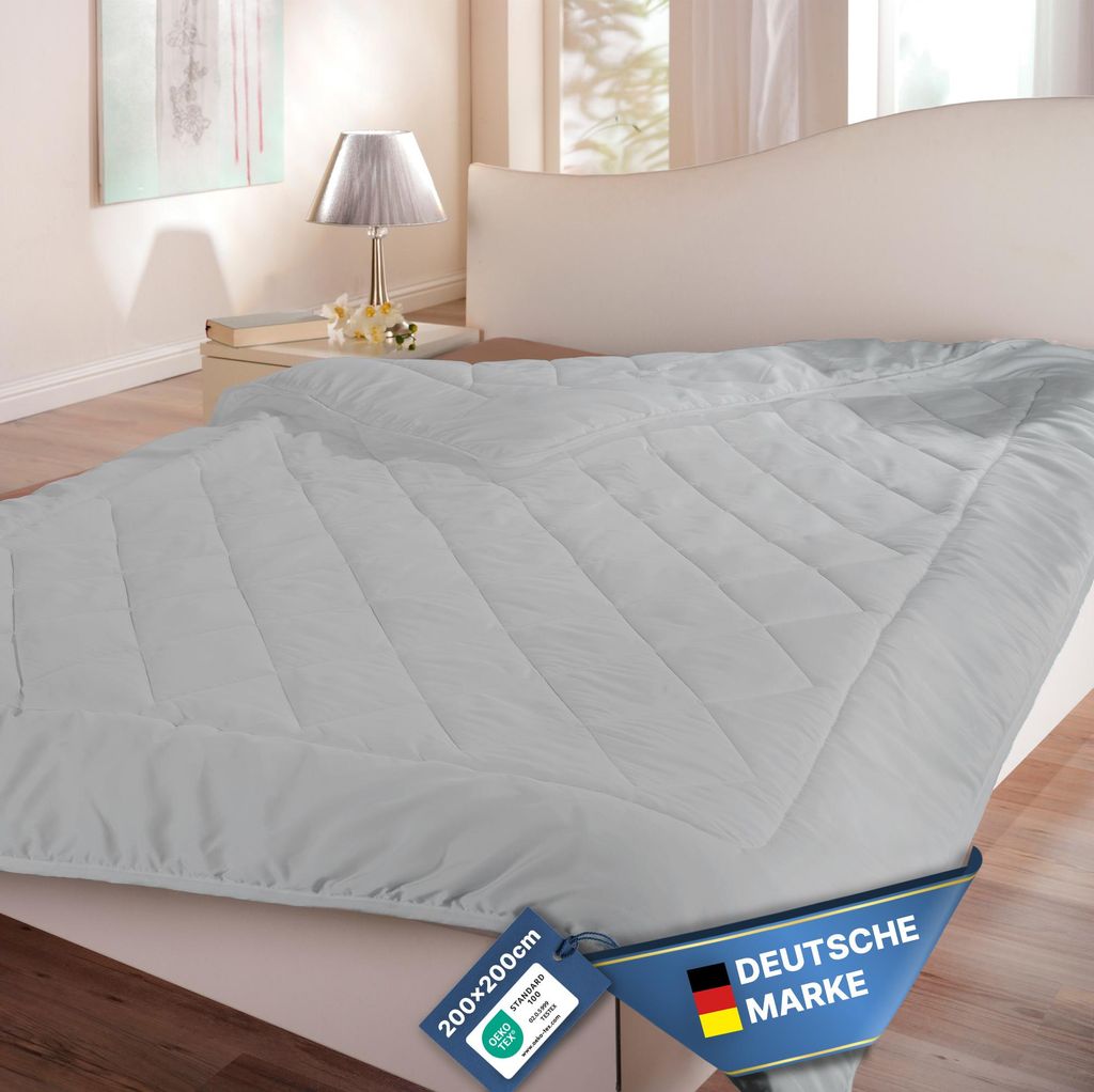 Bettdecke waschbar ohne Bezug nutzbar ( Hellgrau ) 200 x 200 cm leichte Sommerdecke waschbar bei 60°C, Leicht, Atmungsaktiv Ideal für Reisen, Urlaub